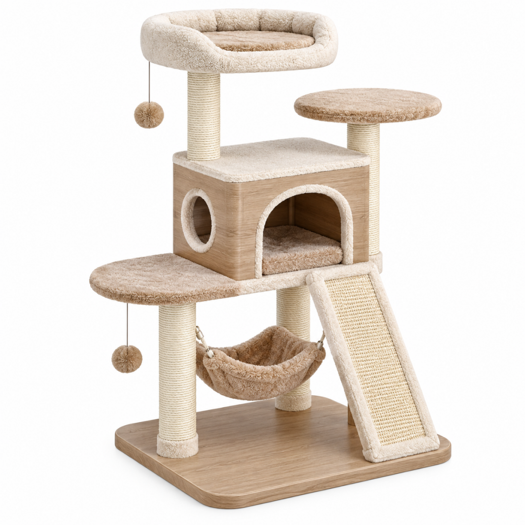 Kratzbaum 60 x 50 x 120 cm Beige aus Holzwerkstoff mit Sisal und Plüsch für Katzen mit Höhle