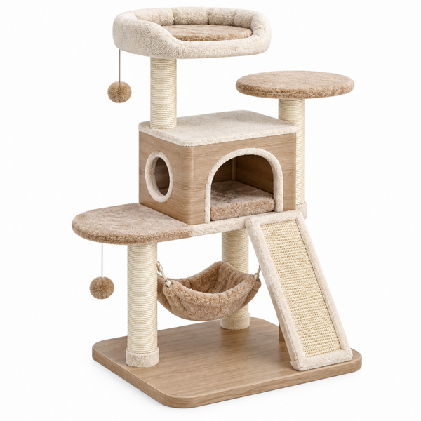 Kratzbaum 60 x 50 x 120 cm Beige aus Holzwerkstoff mit Sisal und Plüsch für Katzen mit Höhle