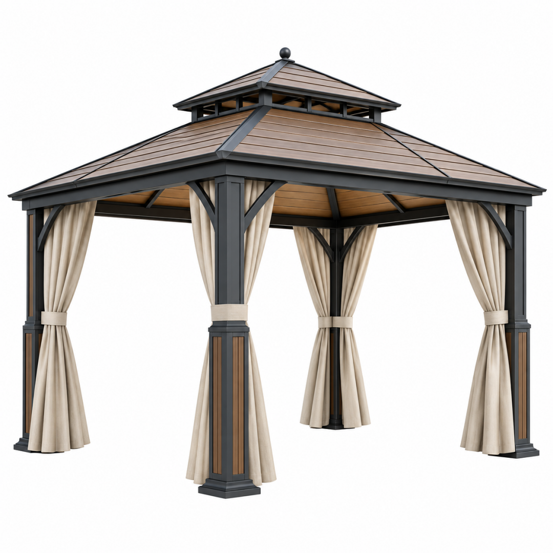 Gartenpavillon 300 x 300 x 300 cm Stahl Holzoptik Schwarz Braun Beige mit Vorhängen