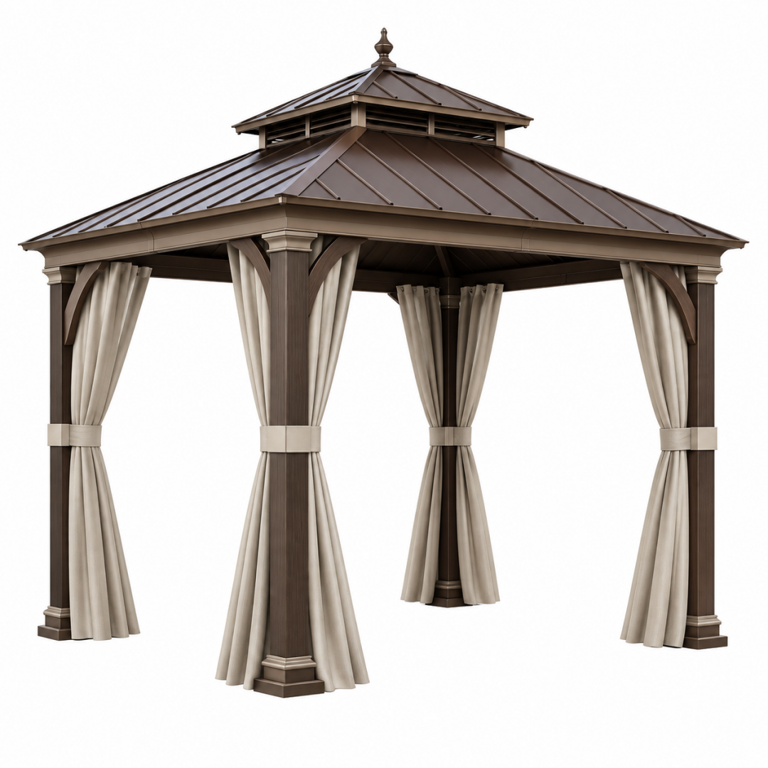 Gartenpavillon 300 x 300 x 300 cm aus Metall Braun Beige mit Vorhängen und Lüftungsdach
