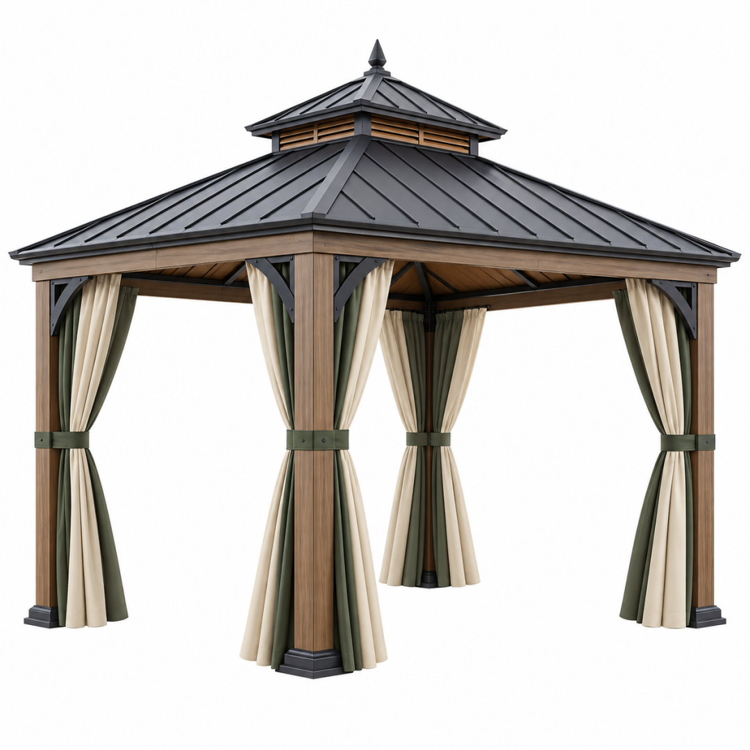 Gartenpavillon 300 x 300 x 300 cm Holzoptik Metall Dach mit Vorhängen