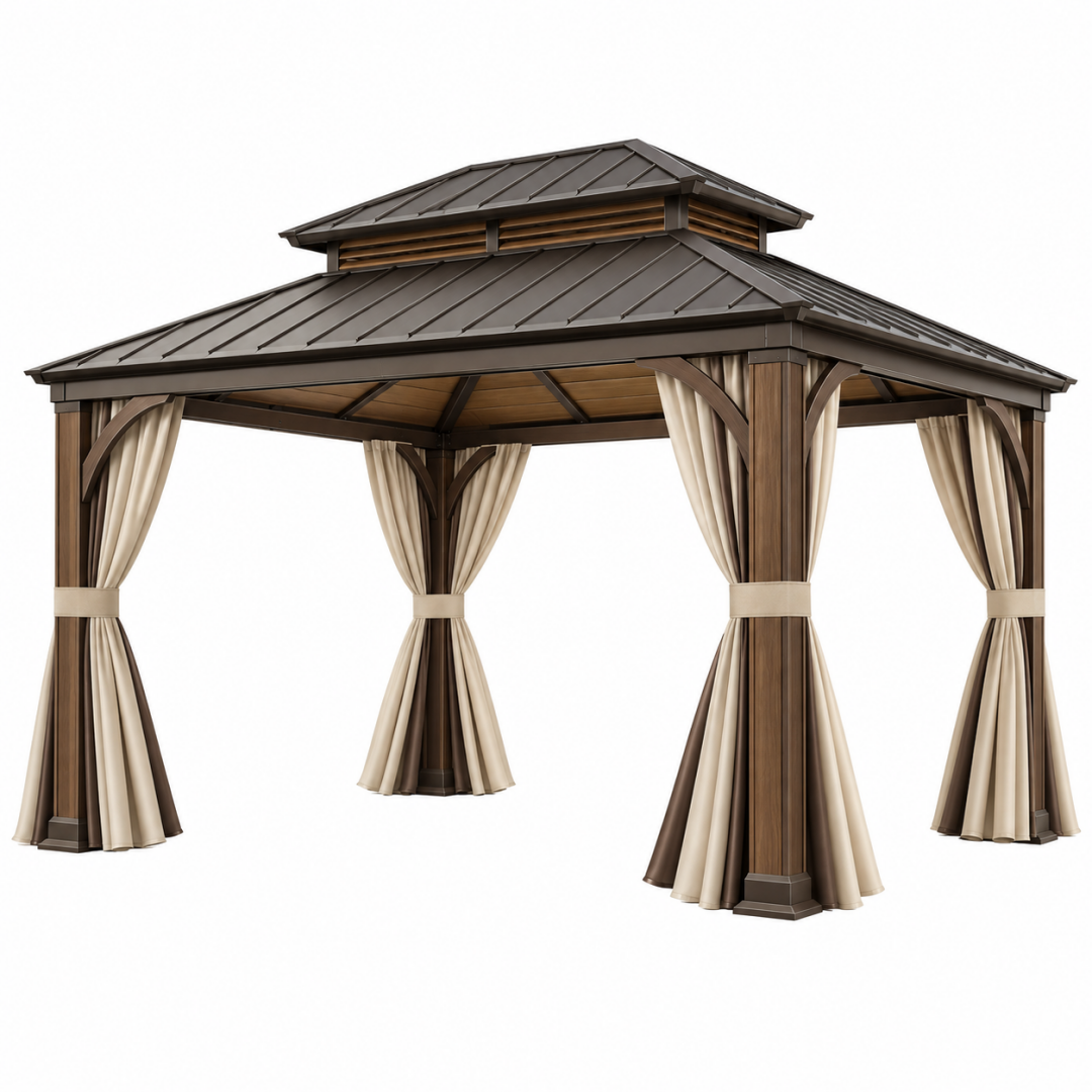 Gartenpavillon 400 x 300 x 300 cm Metall Textil Braun Beige mit Vorhängen