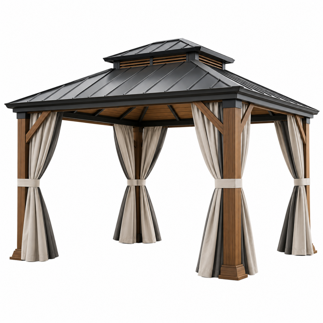 Gartenpavillon 300 x 300 cm Holz Metall Dunkelgrau mit Vorhängen