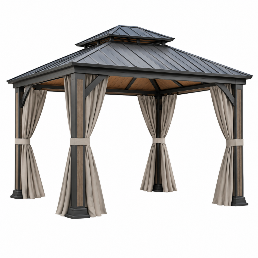 Gartenpavillon 300 x 300 cm Stahl Anthrazit mit Vorhängen