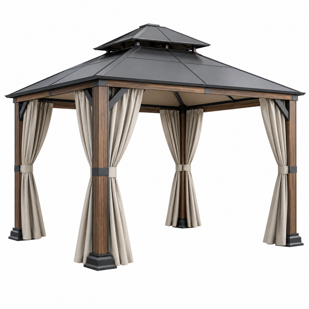 Gartenpavillon 300 x 300 x 290 cm Metall Anthrazit Holzoptik mit Vorhängen Doppeldach