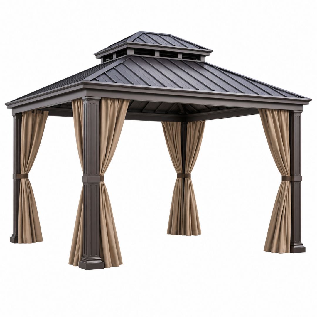 Gartenpavillon 300 x 300 cm Metall Dunkelbraun mit Vorhängen - quadratisches Lüftungsdach