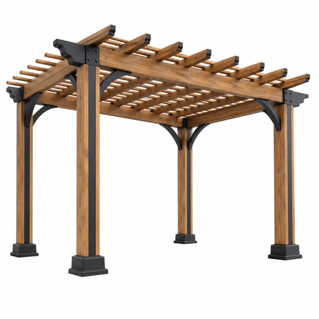 Holzpergola 300 x 300 x 240 cm Braun Schwarz für Garten und Terrasse mit offener Dachkonstruktion
