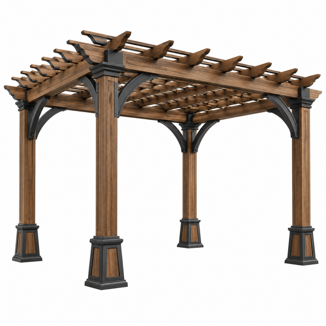 Gartenpergola 300 x 300 x 250 cm Holz Braun mit Metallbeschlägen im klassischen Lamellendachstil