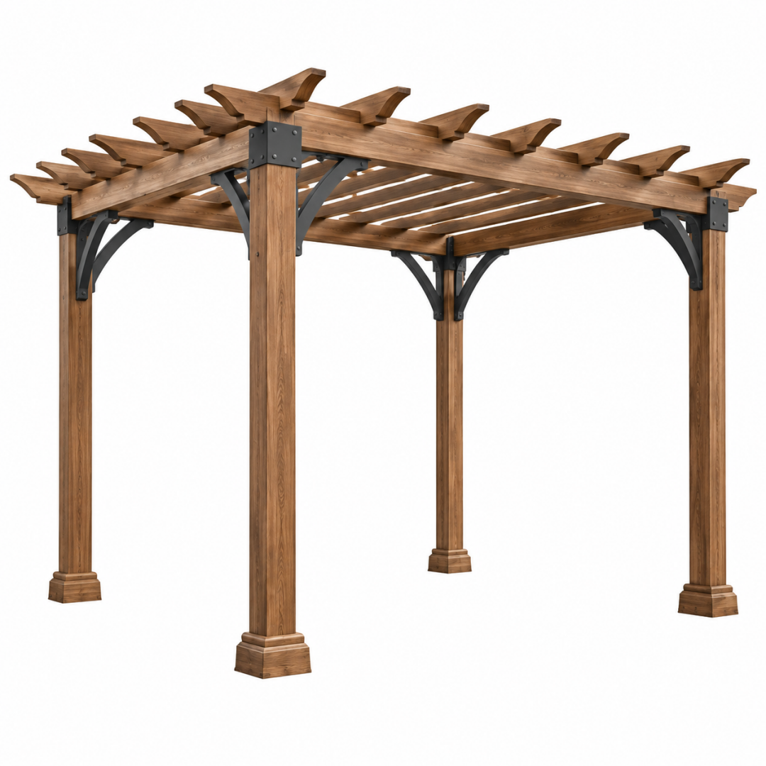 Holzpergola 360 x 360 x 250 cm Braun Schwarz mit Stahlverbindungen für den Garten
