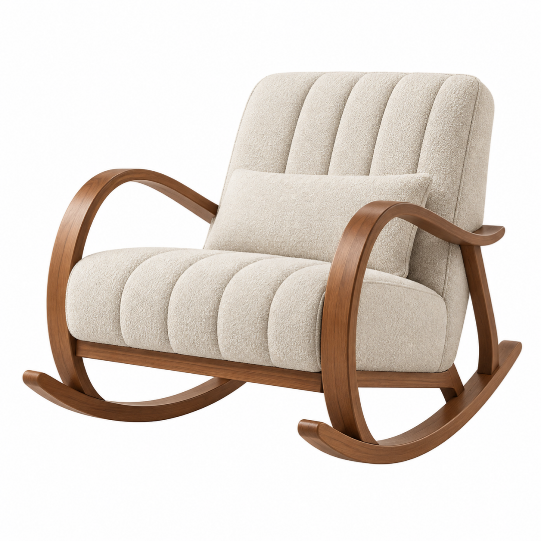 Schaukelstuhl 100 x 75 x 95 cm in Creme/Braun mit Bouclébezug und Holzgestell im modernen Wohnstil