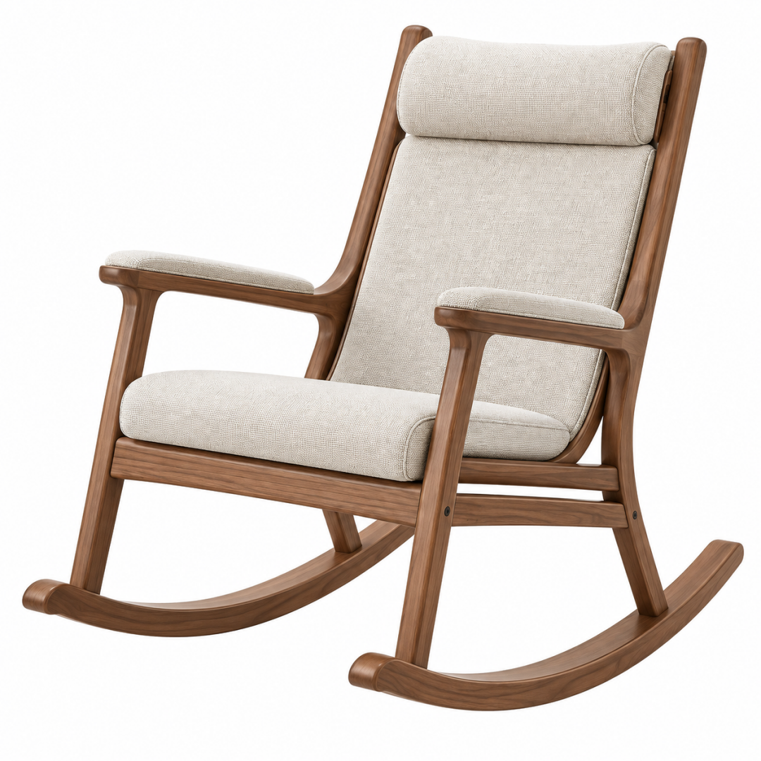 Schaukelstuhl 70 x 95 x 105 cm Holz und Stoff Beige Braun mit hoher Rückenlehne
