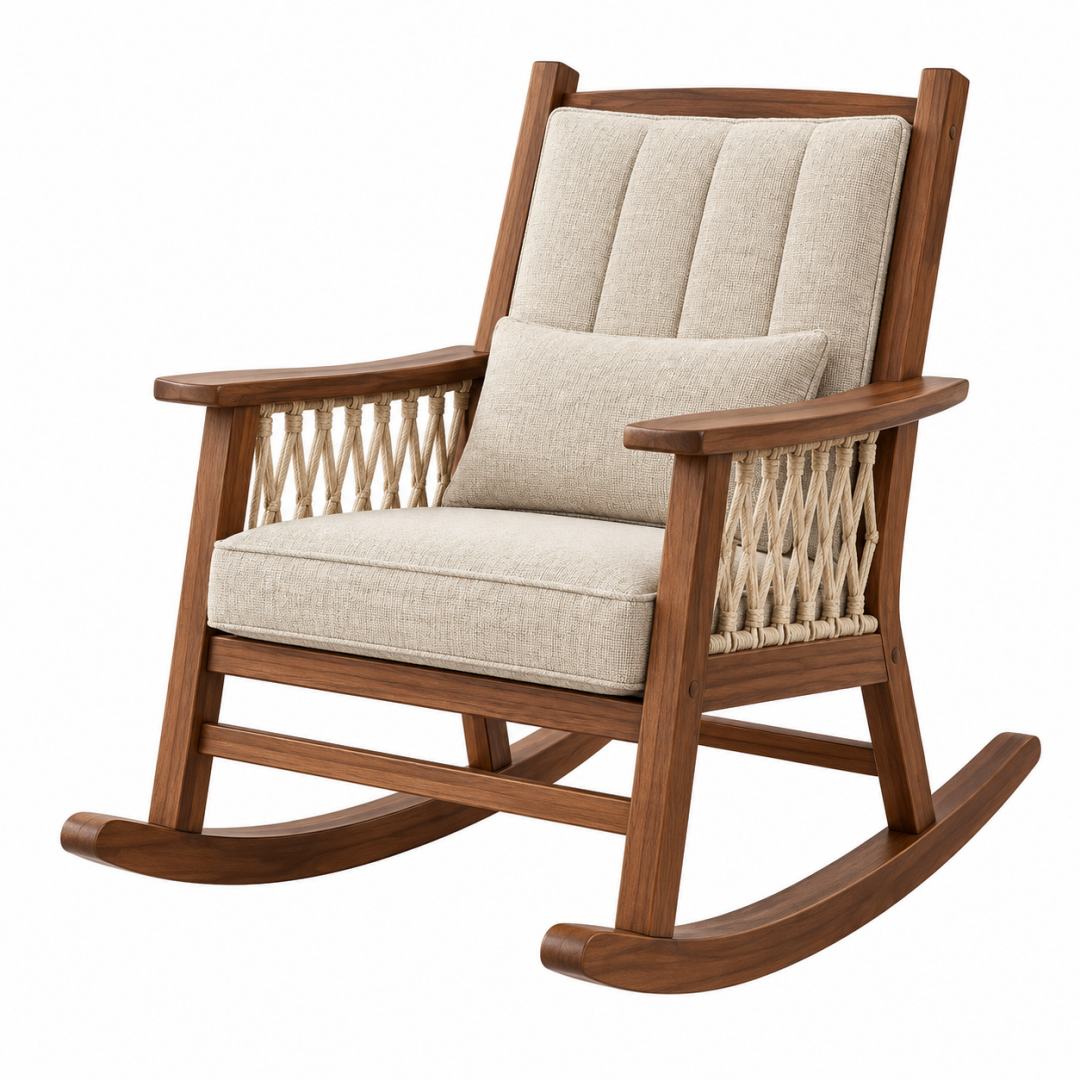 Schaukelstuhl 70 x 95 x 105 cm aus Holz in Braun Beige mit Kordelgeflecht und Polsterung im Landhausstil
