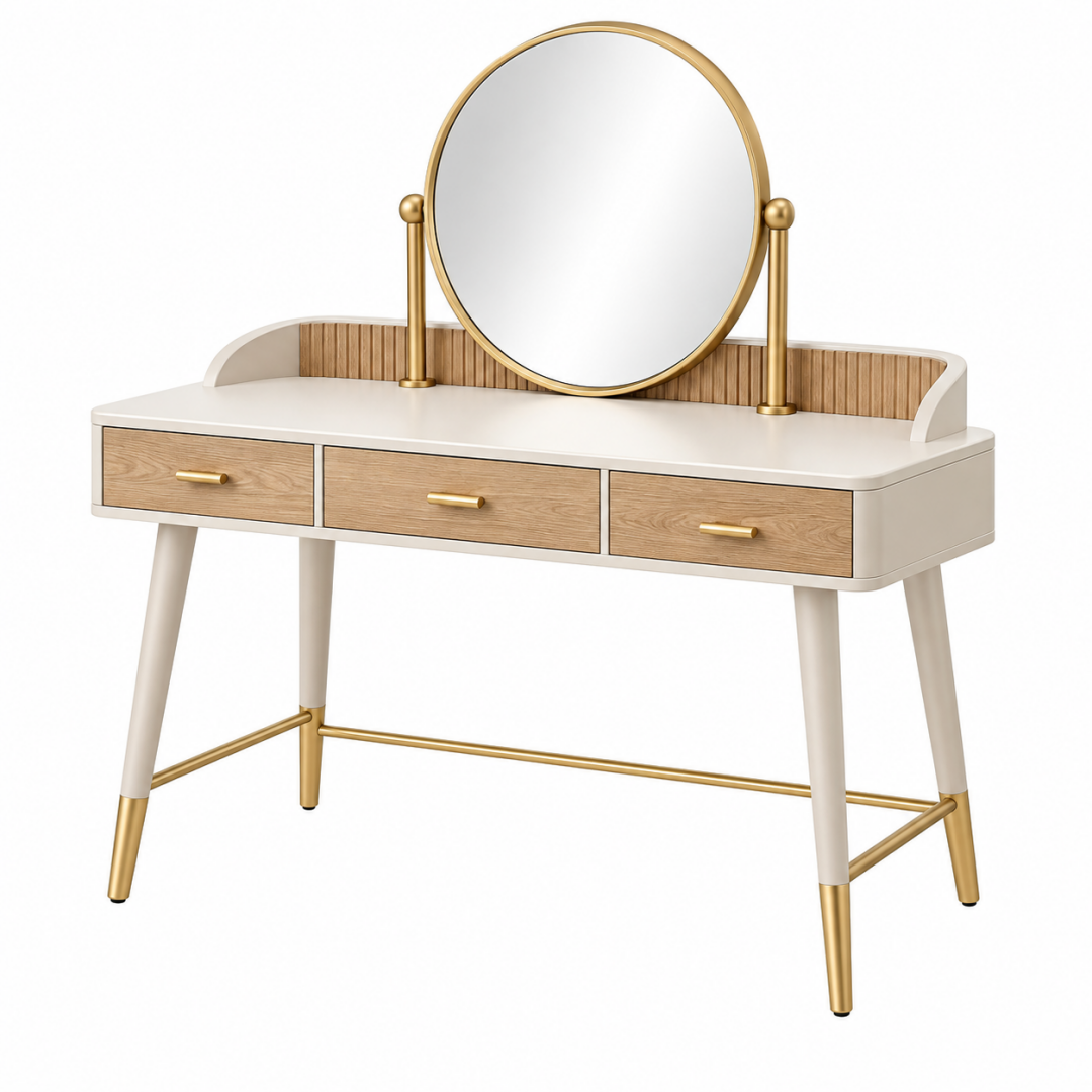 Schminktisch 120 x 50 x 145 cm Weiß Naturholz Gold mit Spiegel und 3 Schubladen