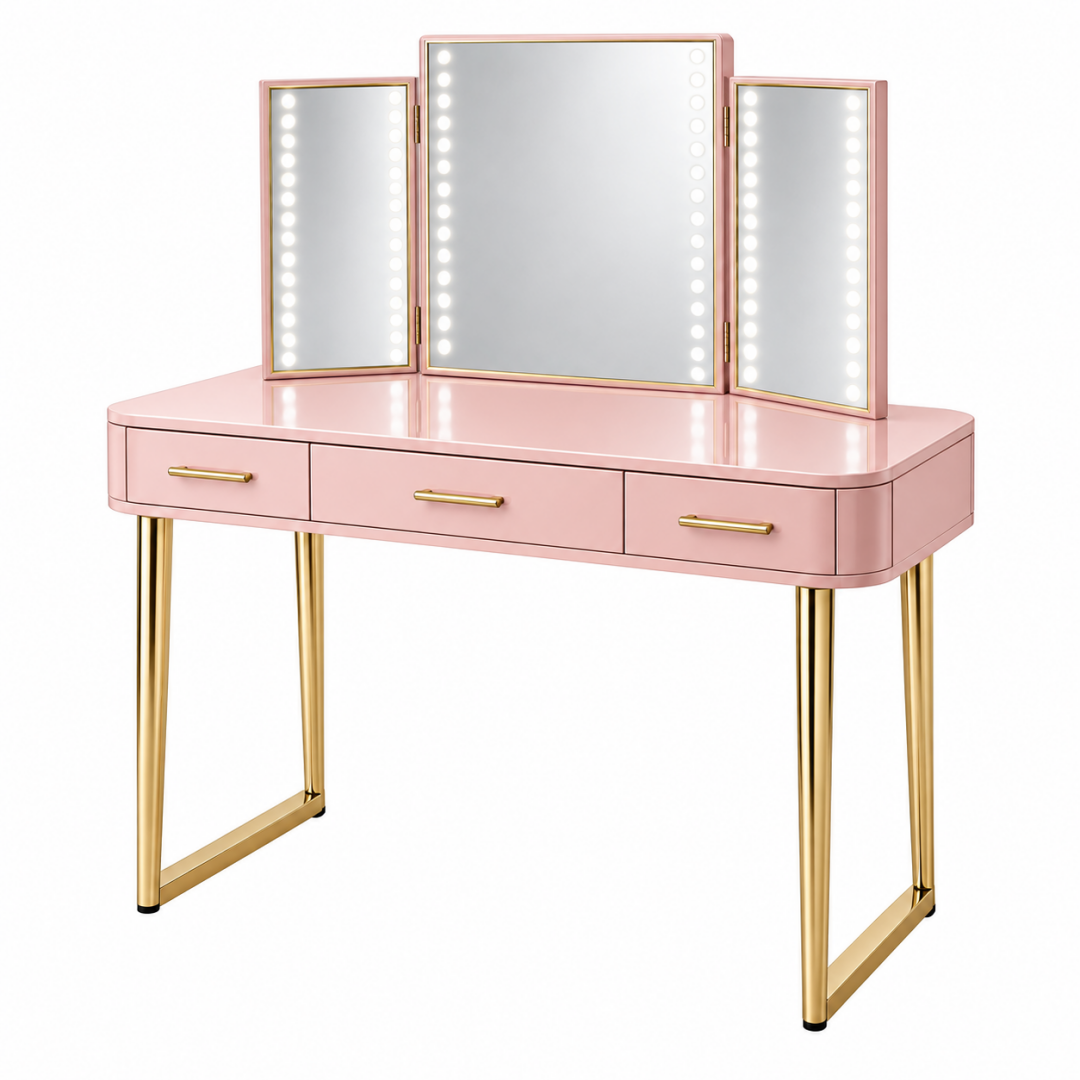 Schminktisch 120 x 45 x 145 cm Rosa mit Glas Spiegelbeleuchtung und 3 Schubladen