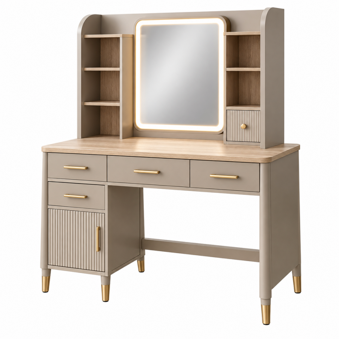 Schminktisch 120 x 50 x 160 cm in Taupe mit Holzwerkstoff LED Spiegel und Stauraum