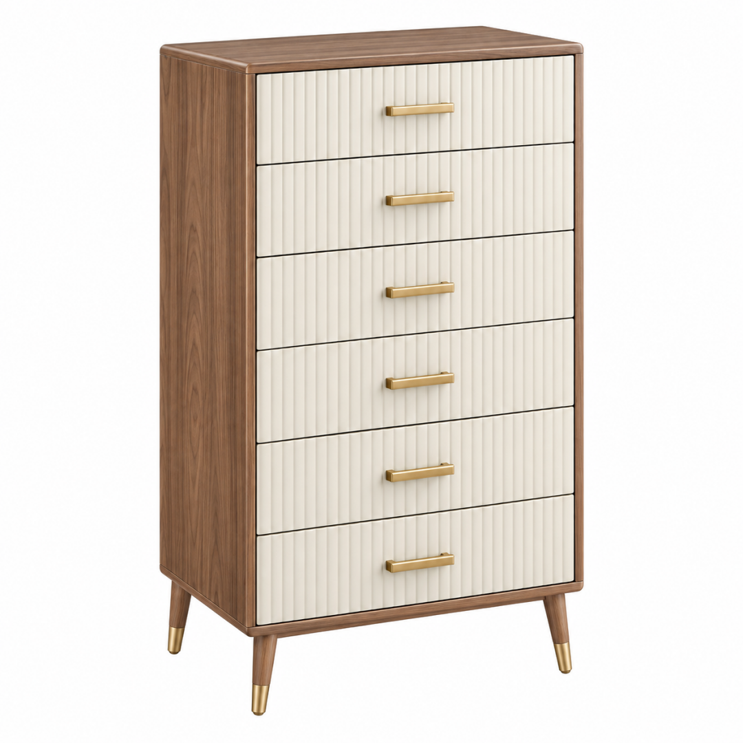 Kommode 80 x 40 x 130 cm Holzwerkstoff Braun Cremeweiß mit 6 Schubladen geriffelter Front