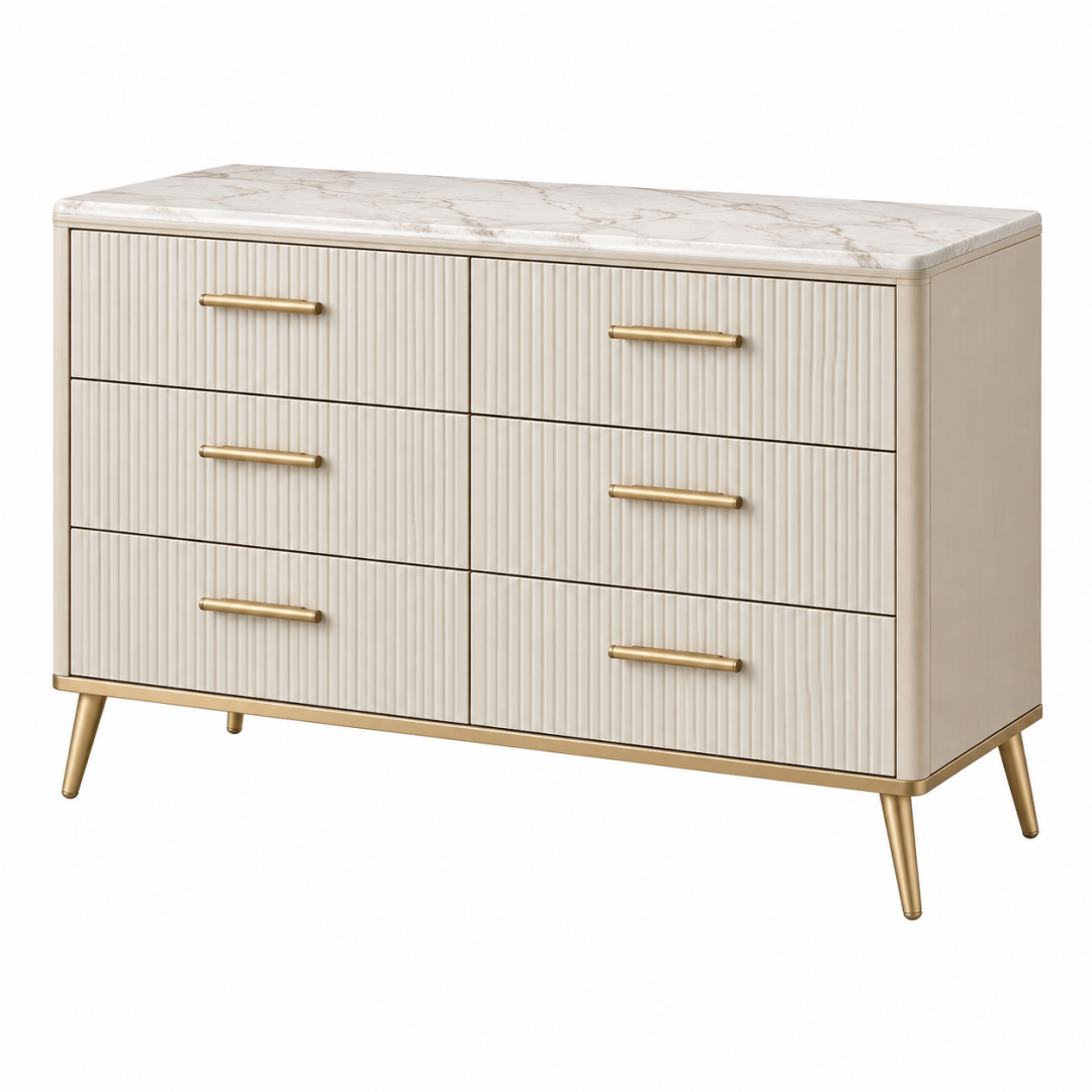 Kommode 140 x 45 x 85 cm in Cremeweiß mit sechs Schubladen und Marmoroptik