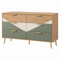Kommode 120 x 40 x 80 cm aus Holzwerkstoff in Eiche Salbeigrün Creme mit 6 Schubladen im Mid-Century-Stil