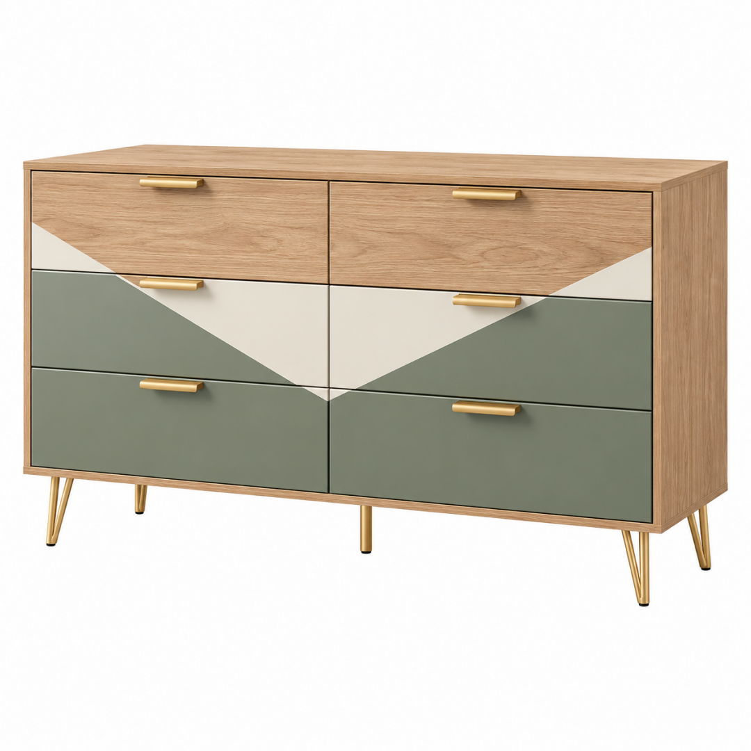 Kommode 120 x 40 x 80 cm aus Holzwerkstoff in Eiche Salbeigrün Creme mit 6 Schubladen im Mid-Century-Stil